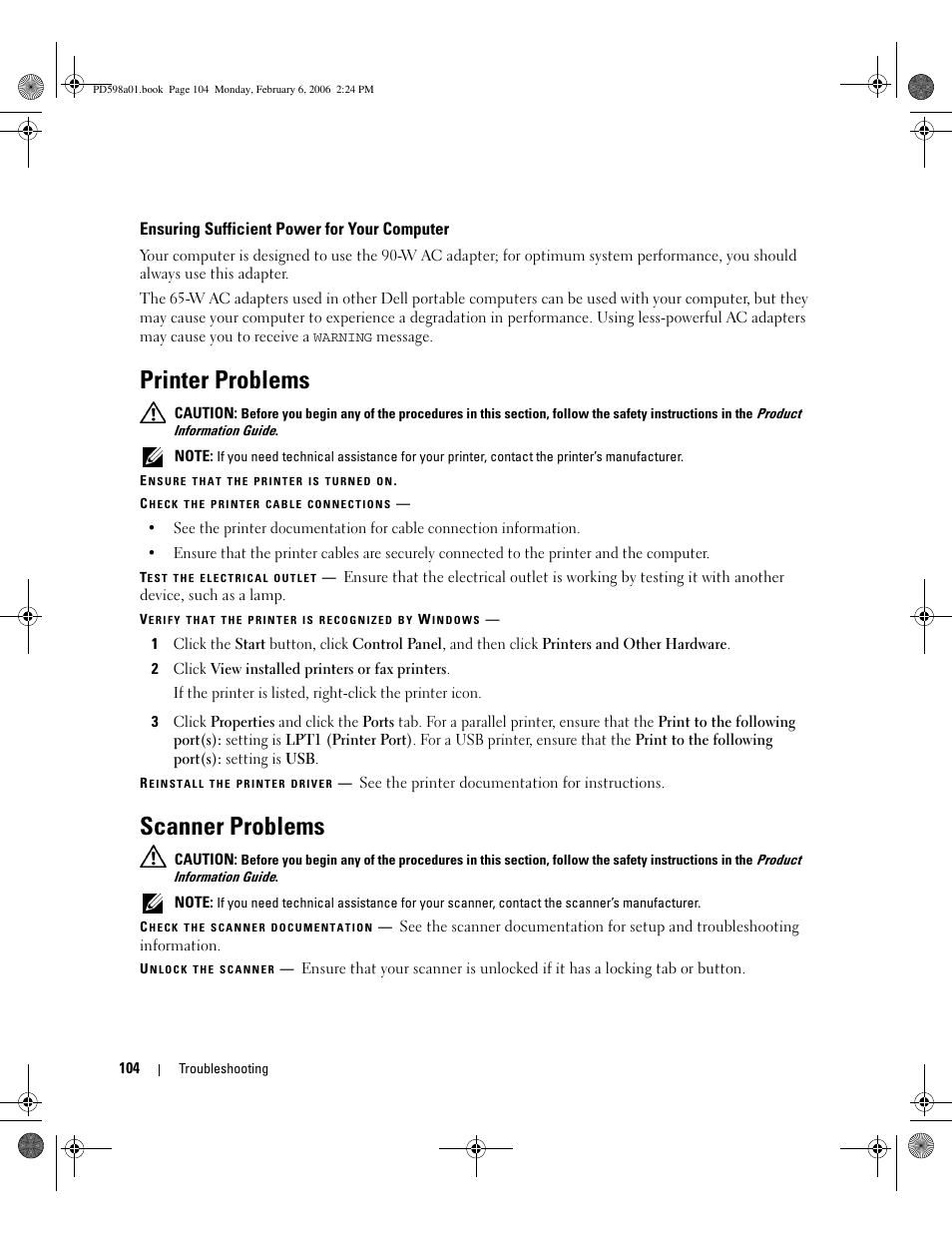 Ensuring sufficient power for your computer, Printer problems, Scanner problems | Dell Inspiron E1705 User Manual | Page 104 / 188