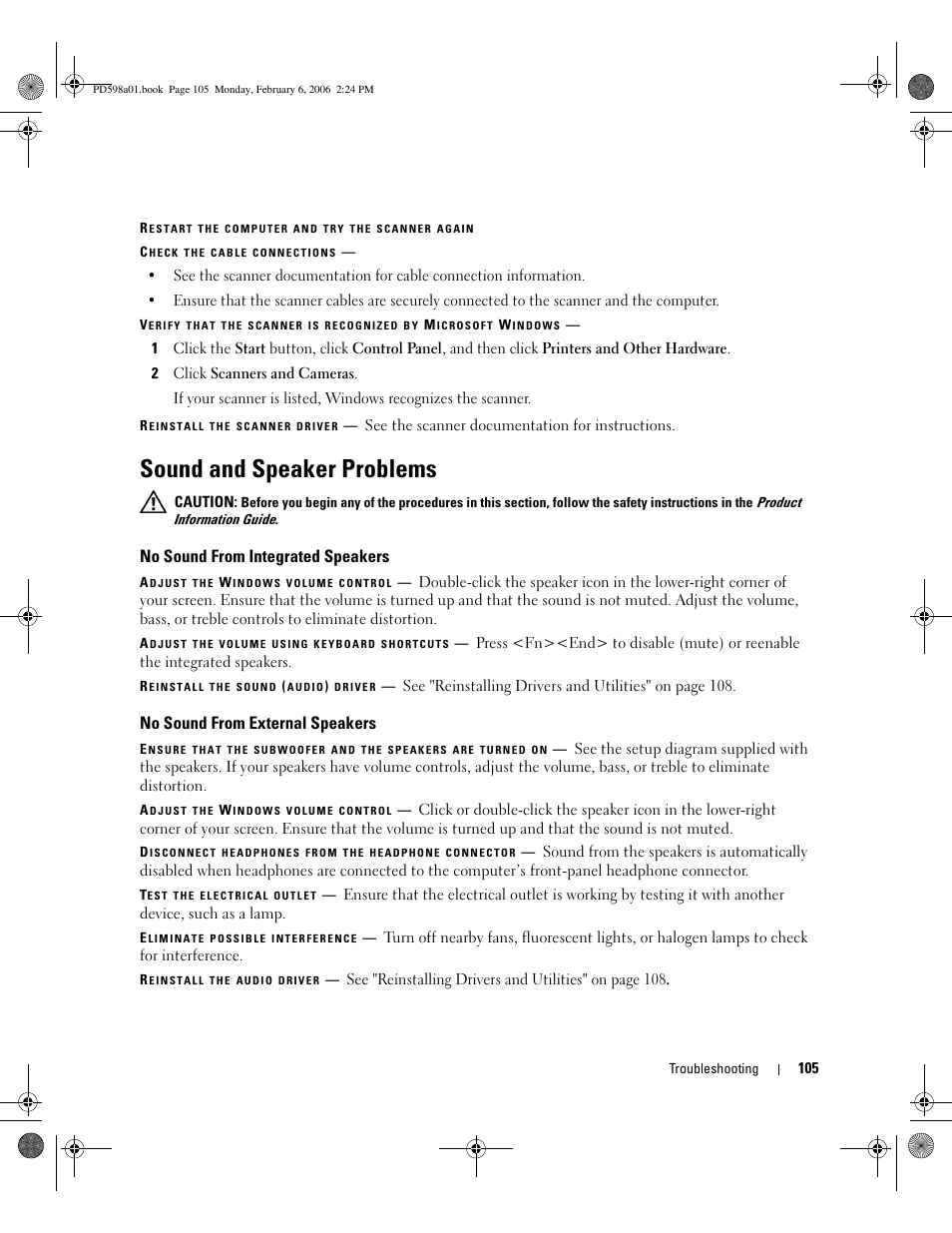 Sound and speaker problems, No sound from integrated speakers, No sound from external speakers | Dell Inspiron E1705 User Manual | Page 105 / 188