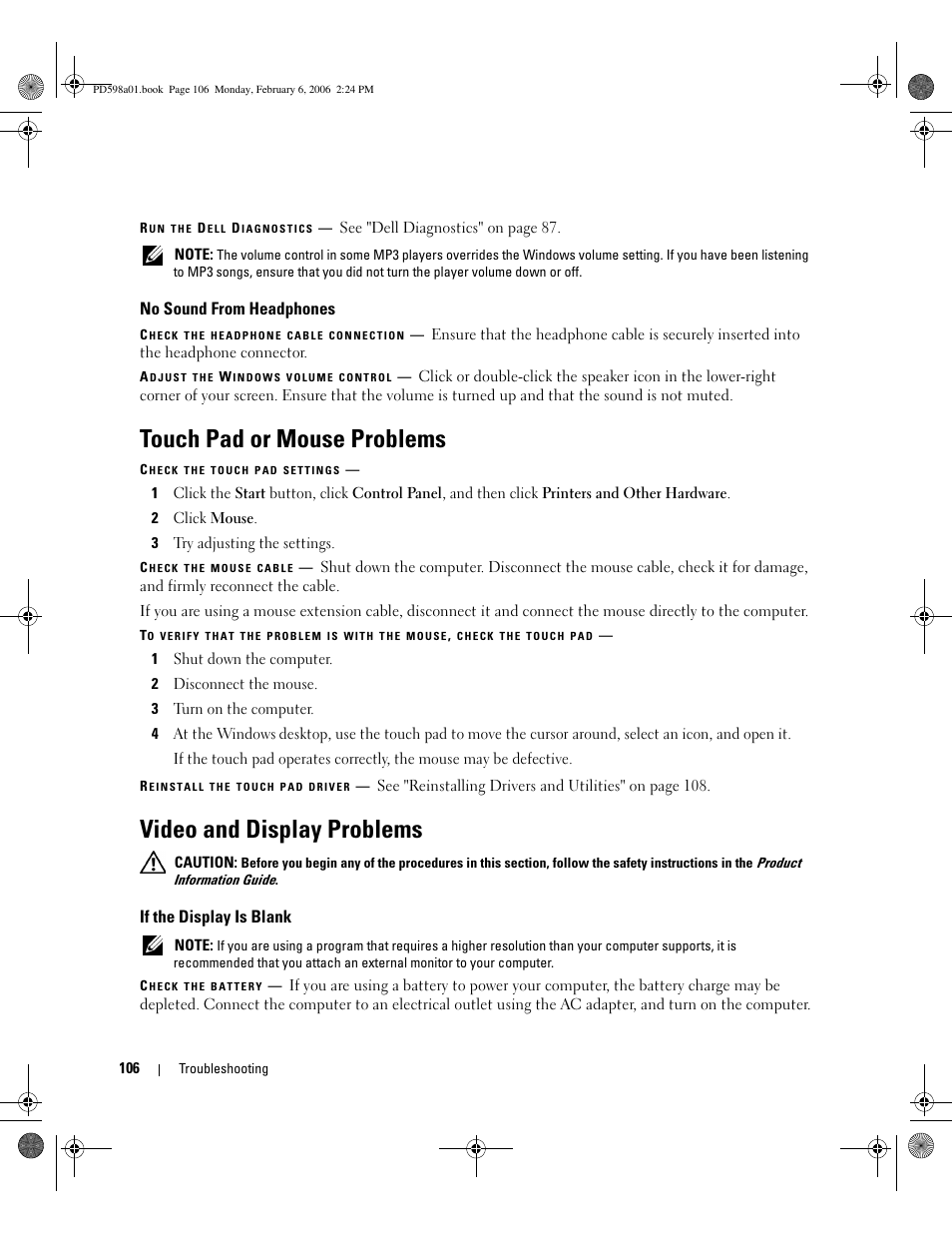 No sound from headphones, Touch pad or mouse problems, Video and display problems | If the display is blank | Dell Inspiron E1705 User Manual | Page 106 / 188