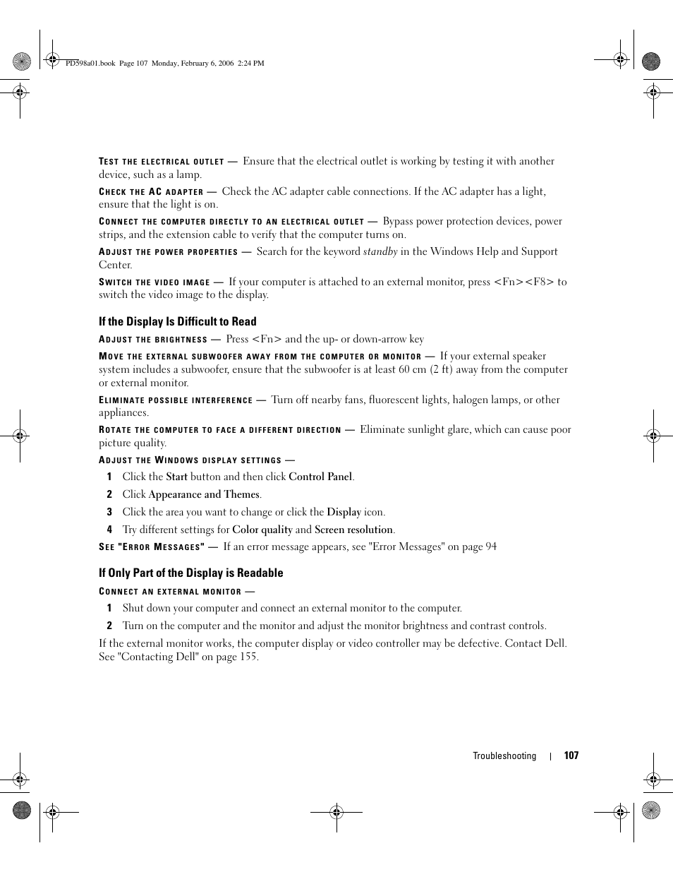 If the display is difficult to read, If only part of the display is readable | Dell Inspiron E1705 User Manual | Page 107 / 188