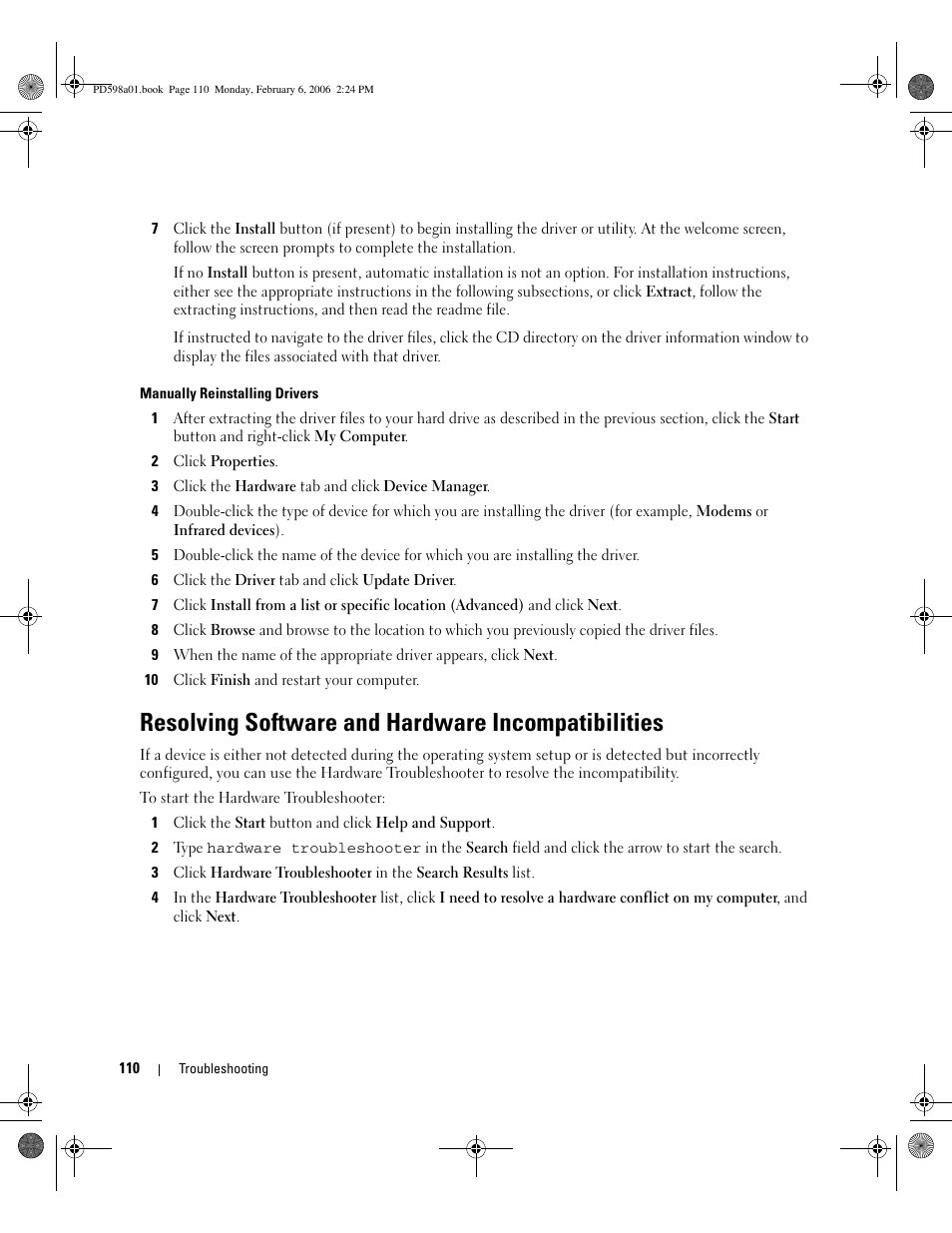 Resolving software and hardware incompatibilities | Dell Inspiron E1705 User Manual | Page 110 / 188