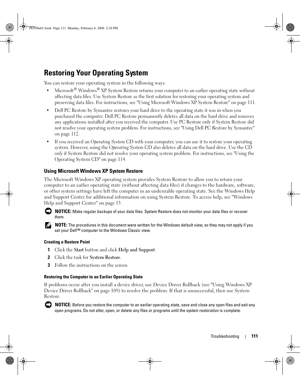 Restoring your operating system, Using microsoft windows xp system restore, Using microsoft | E (see "using microsoft | Dell Inspiron E1705 User Manual | Page 111 / 188