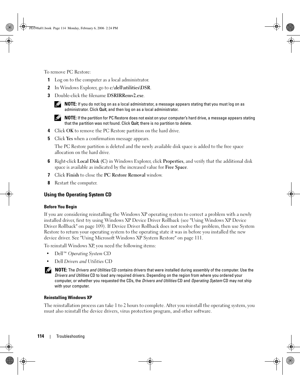 Using the operating system cd | Dell Inspiron E1705 User Manual | Page 114 / 188