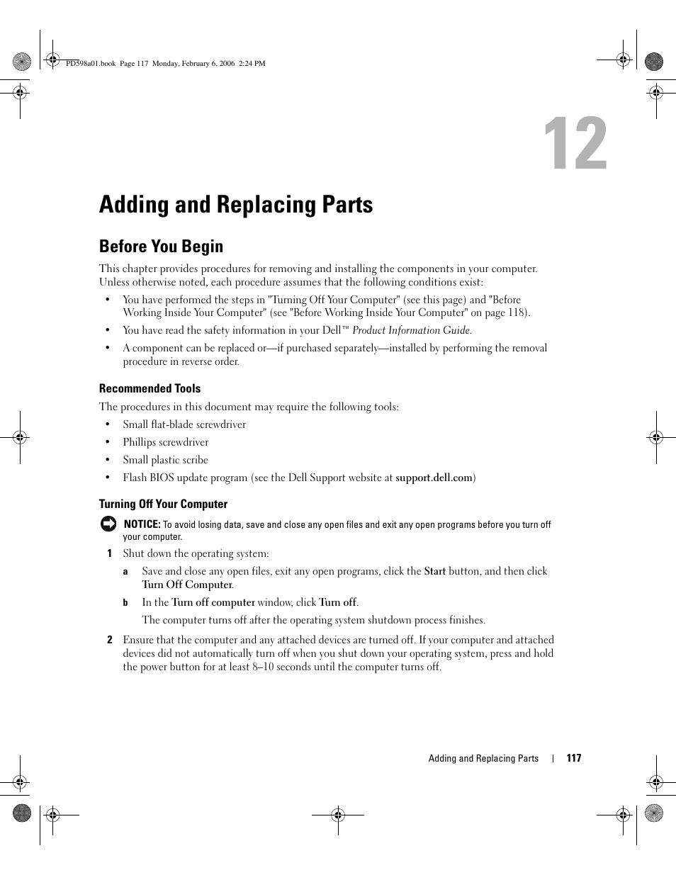 Adding and replacing parts, Before you begin, Recommended tools | Turning off your computer | Dell Inspiron E1705 User Manual | Page 117 / 188