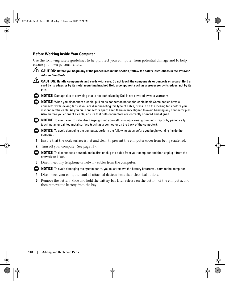 Before working inside your computer | Dell Inspiron E1705 User Manual | Page 118 / 188