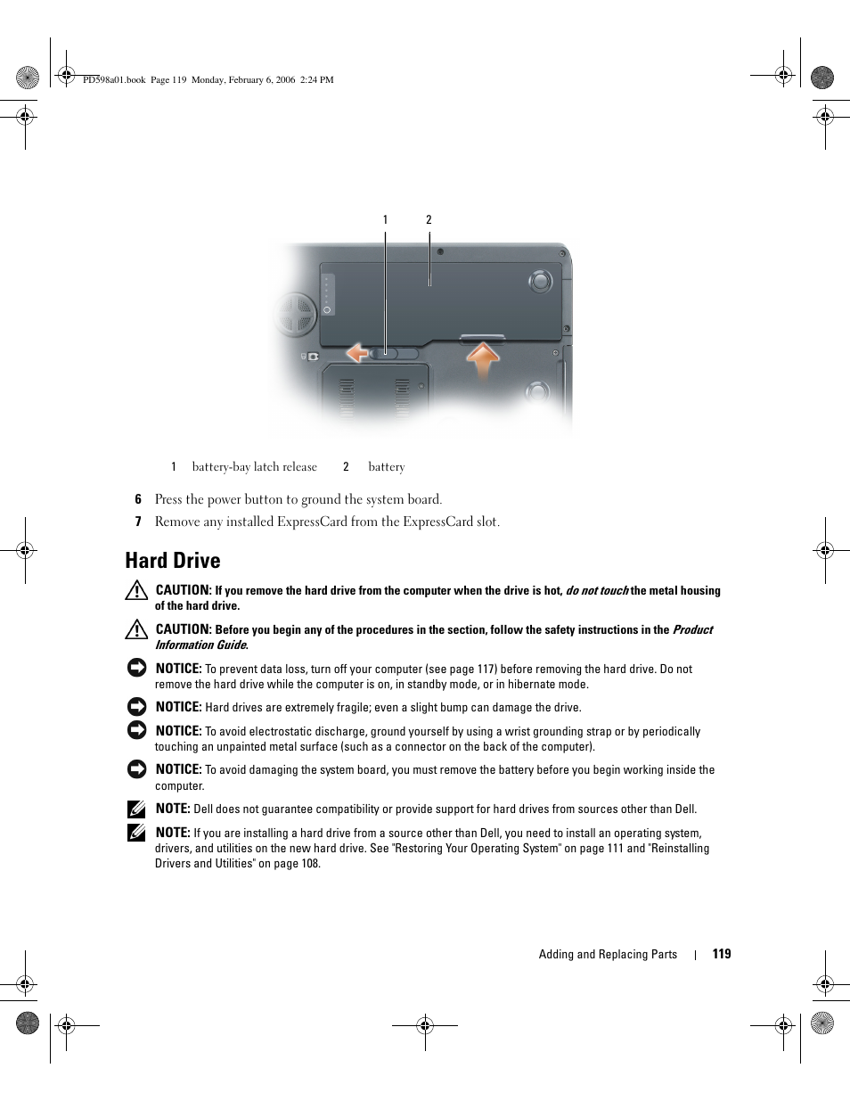Hard drive | Dell Inspiron E1705 User Manual | Page 119 / 188