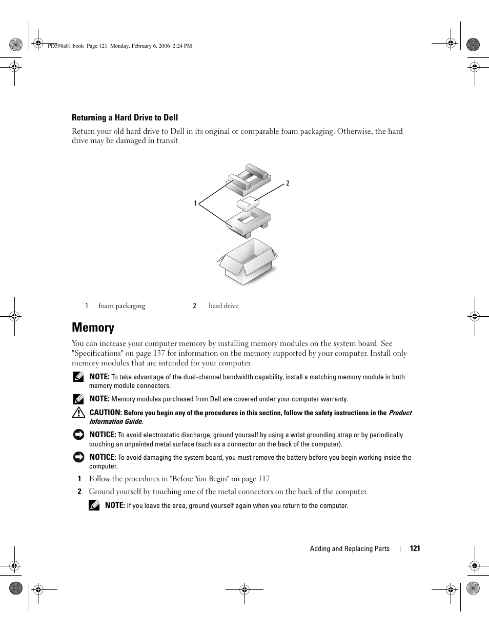 Returning a hard drive to dell, Memory | Dell Inspiron E1705 User Manual | Page 121 / 188