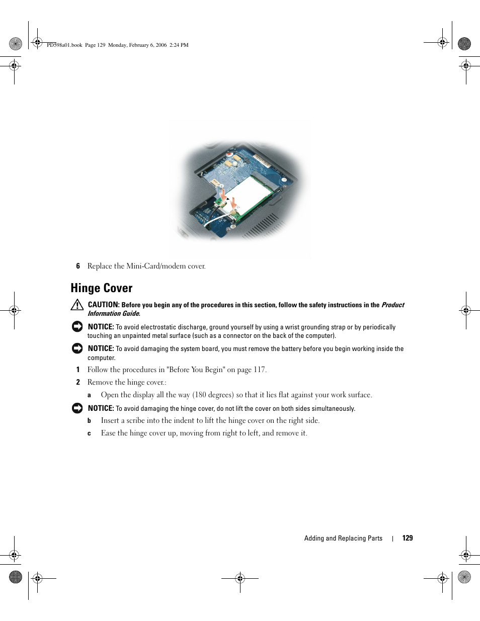 Hinge cover | Dell Inspiron E1705 User Manual | Page 129 / 188