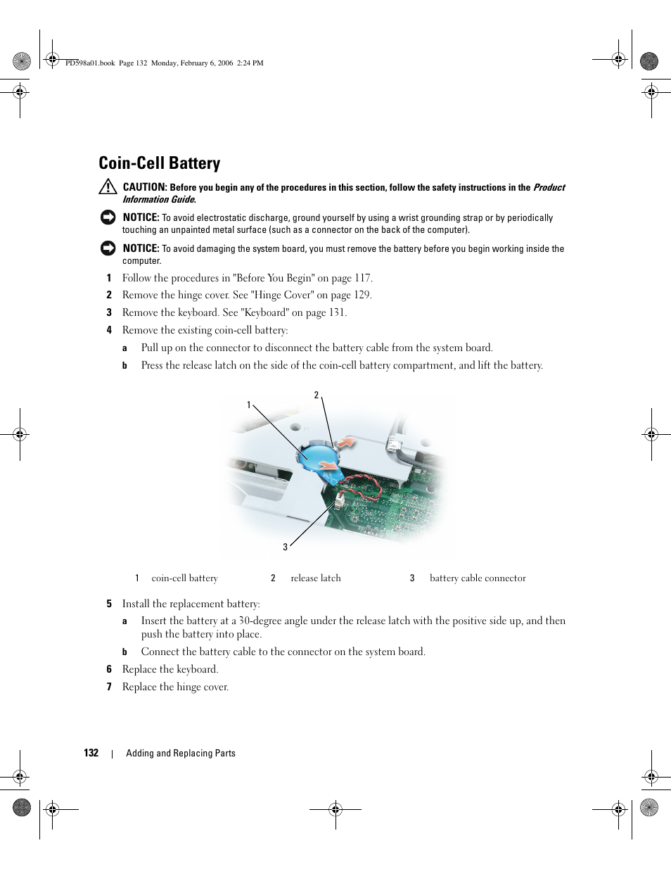 Coin-cell battery | Dell Inspiron E1705 User Manual | Page 132 / 188