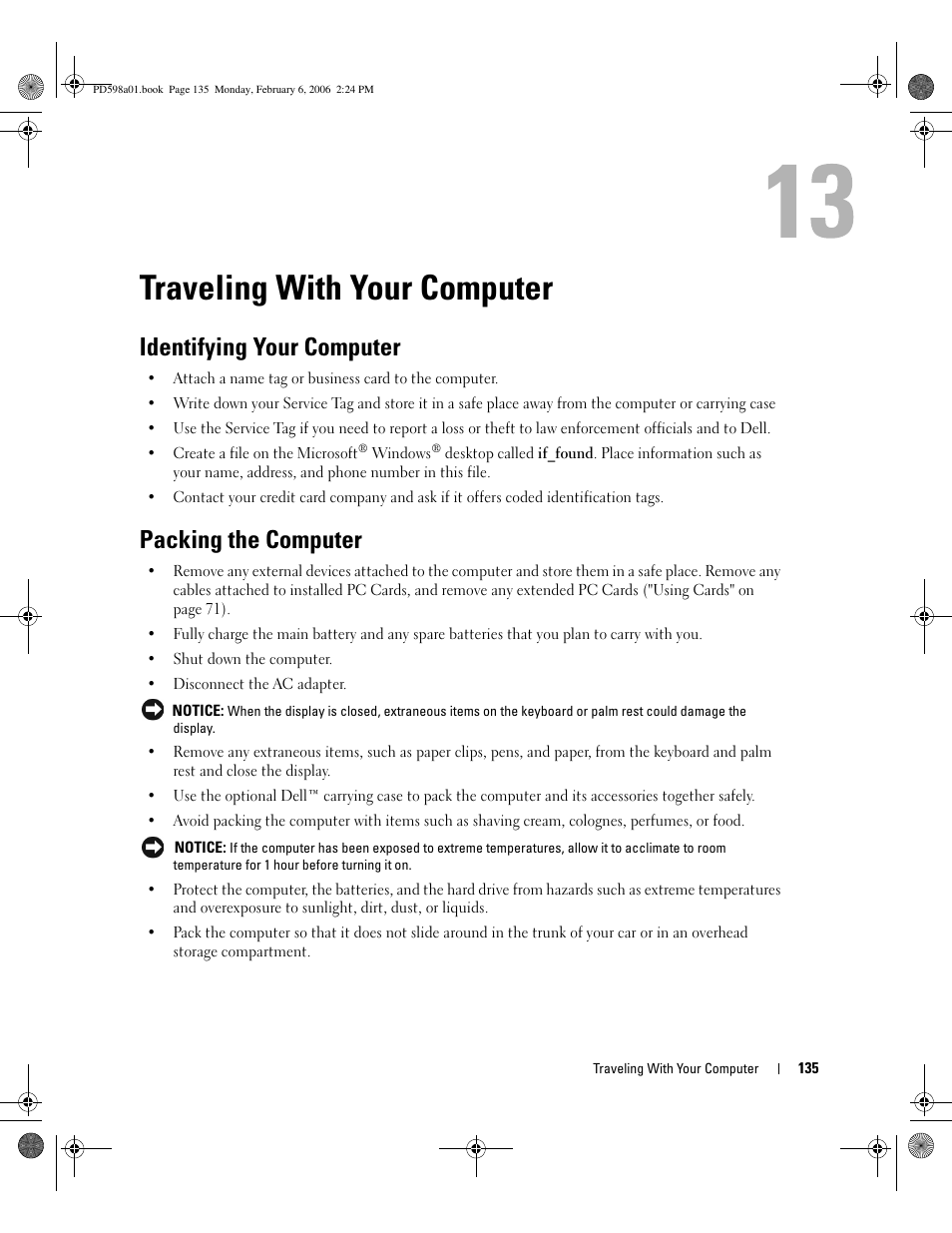 Traveling with your computer, Identifying your computer, Packing the computer | Dell Inspiron E1705 User Manual | Page 135 / 188