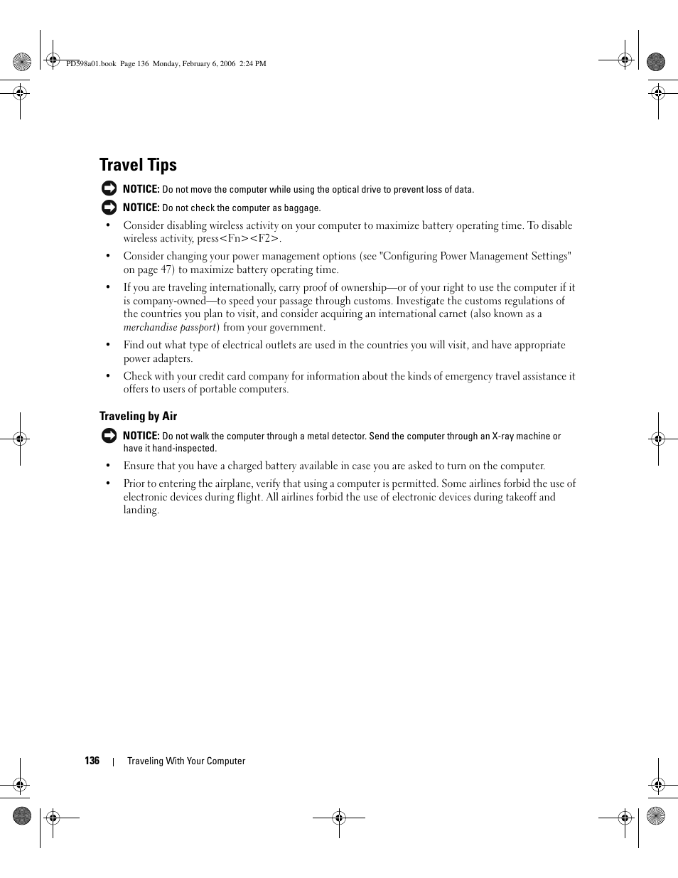 Travel tips, Traveling by air | Dell Inspiron E1705 User Manual | Page 136 / 188
