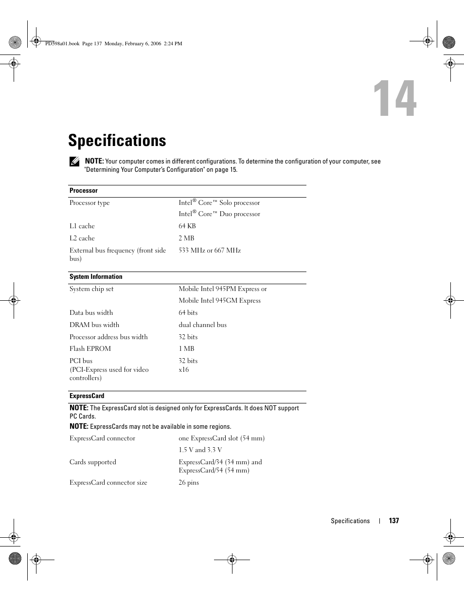 Specifications | Dell Inspiron E1705 User Manual | Page 137 / 188