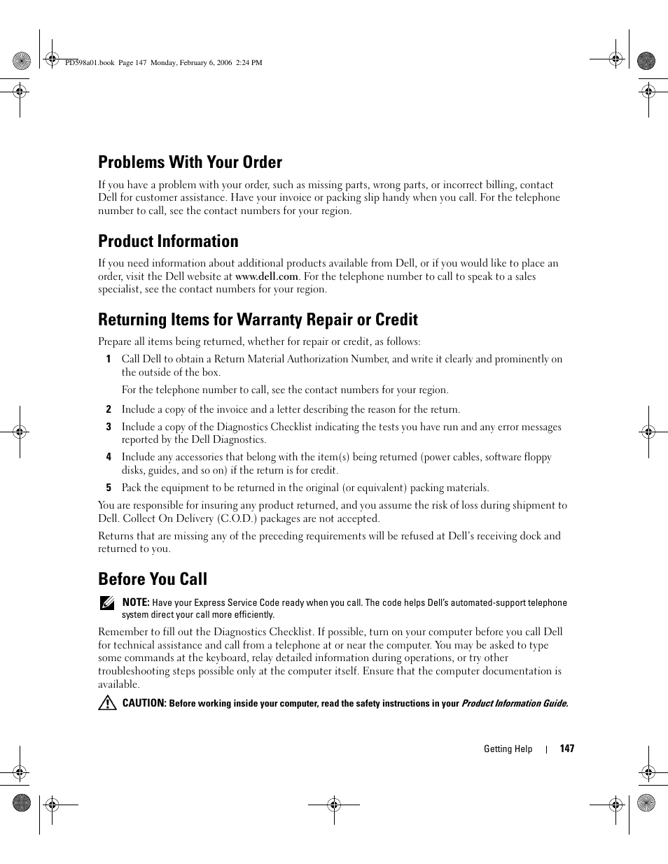 Problems with your order, Product information, Returning items for warranty repair or credit | Before you call | Dell Inspiron E1705 User Manual | Page 147 / 188