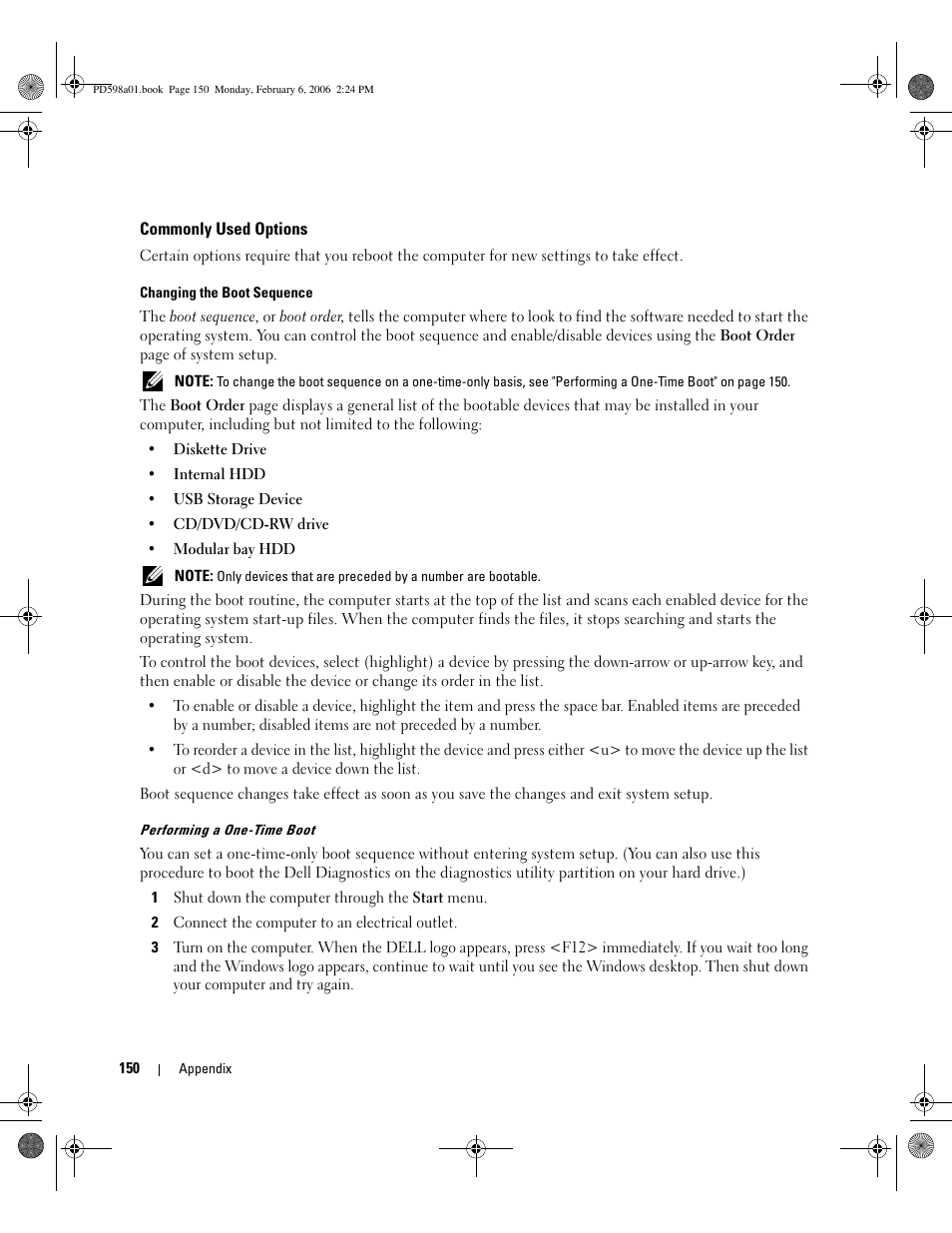 Commonly used options | Dell Inspiron E1705 User Manual | Page 150 / 188