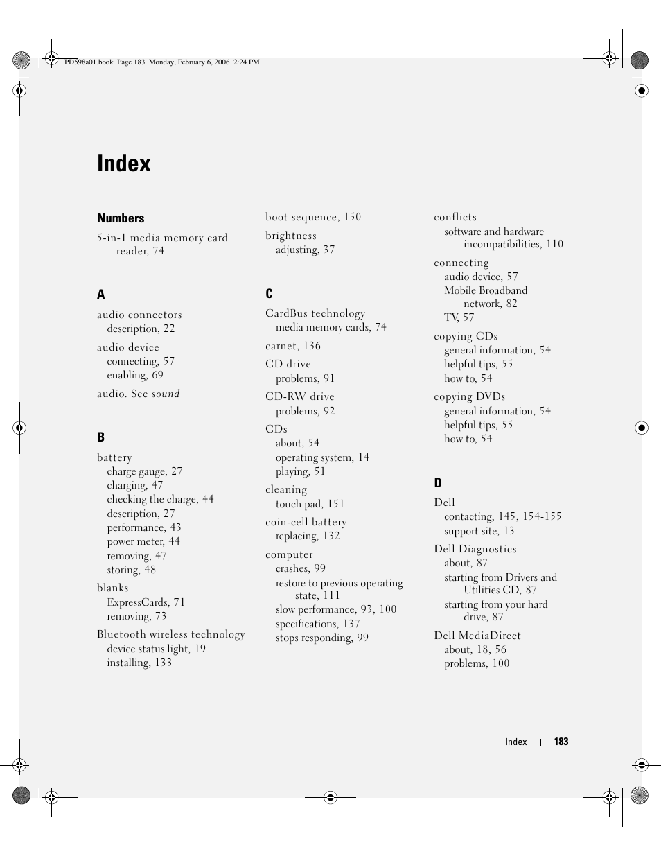 Index | Dell Inspiron E1705 User Manual | Page 183 / 188