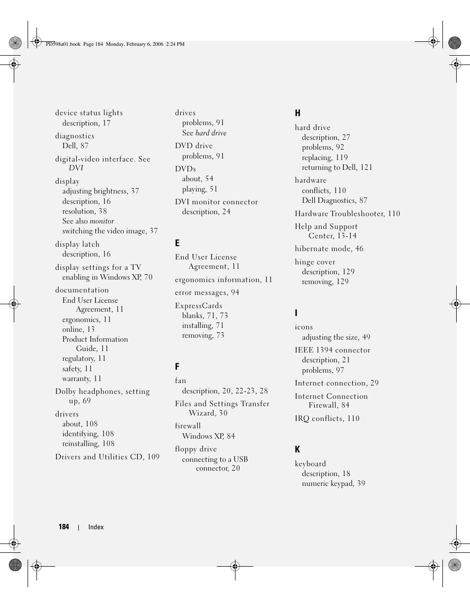 Dell Inspiron E1705 User Manual | Page 184 / 188