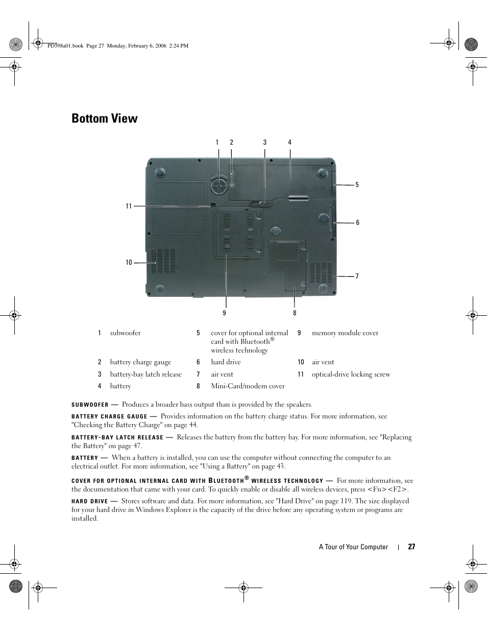 Bottom view | Dell Inspiron E1705 User Manual | Page 27 / 188