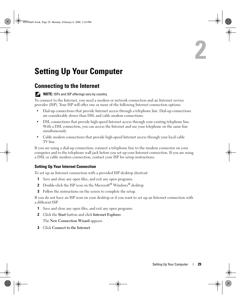 Setting up your computer, Connecting to the internet, Setting up your internet connection | Dell Inspiron E1705 User Manual | Page 29 / 188