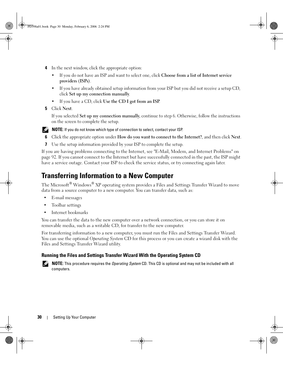 Transferring information to a new computer | Dell Inspiron E1705 User Manual | Page 30 / 188