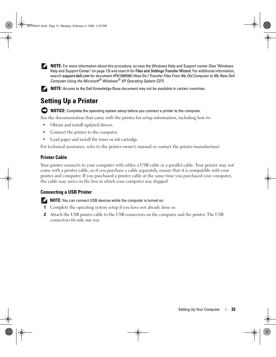 Setting up a printer, Printer cable, Connecting a usb printer | Dell Inspiron E1705 User Manual | Page 33 / 188