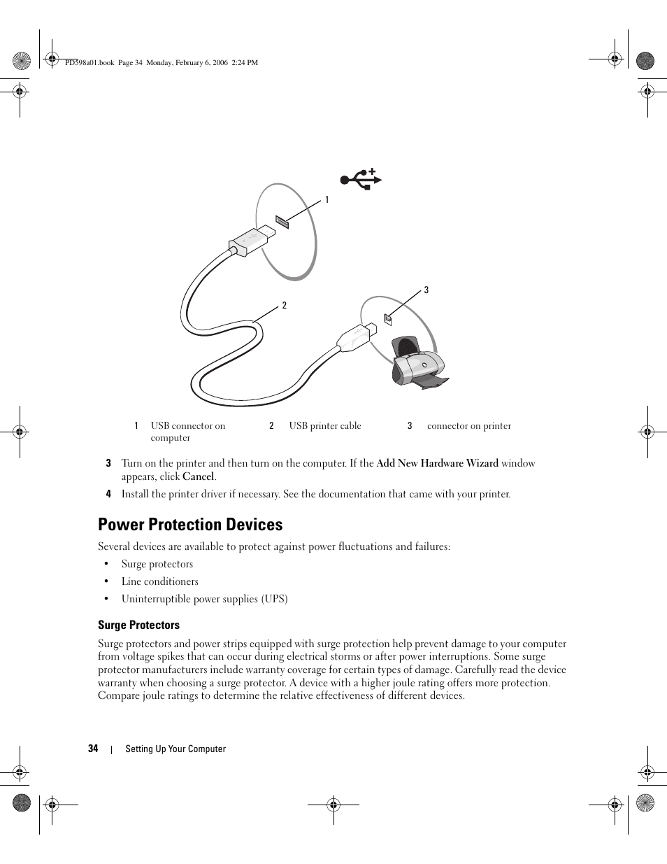 Power protection devices, Surge protectors | Dell Inspiron E1705 User Manual | Page 34 / 188