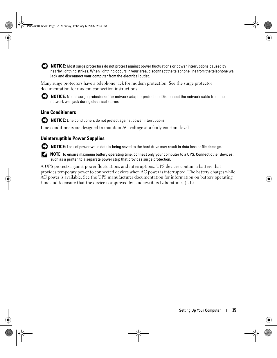 Line conditioners, Uninterruptible power supplies | Dell Inspiron E1705 User Manual | Page 35 / 188