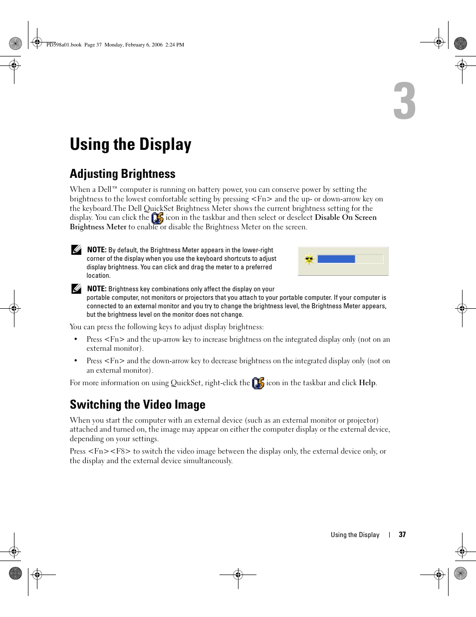Using the display, Adjusting brightness, Switching the video image | Dell Inspiron E1705 User Manual | Page 37 / 188