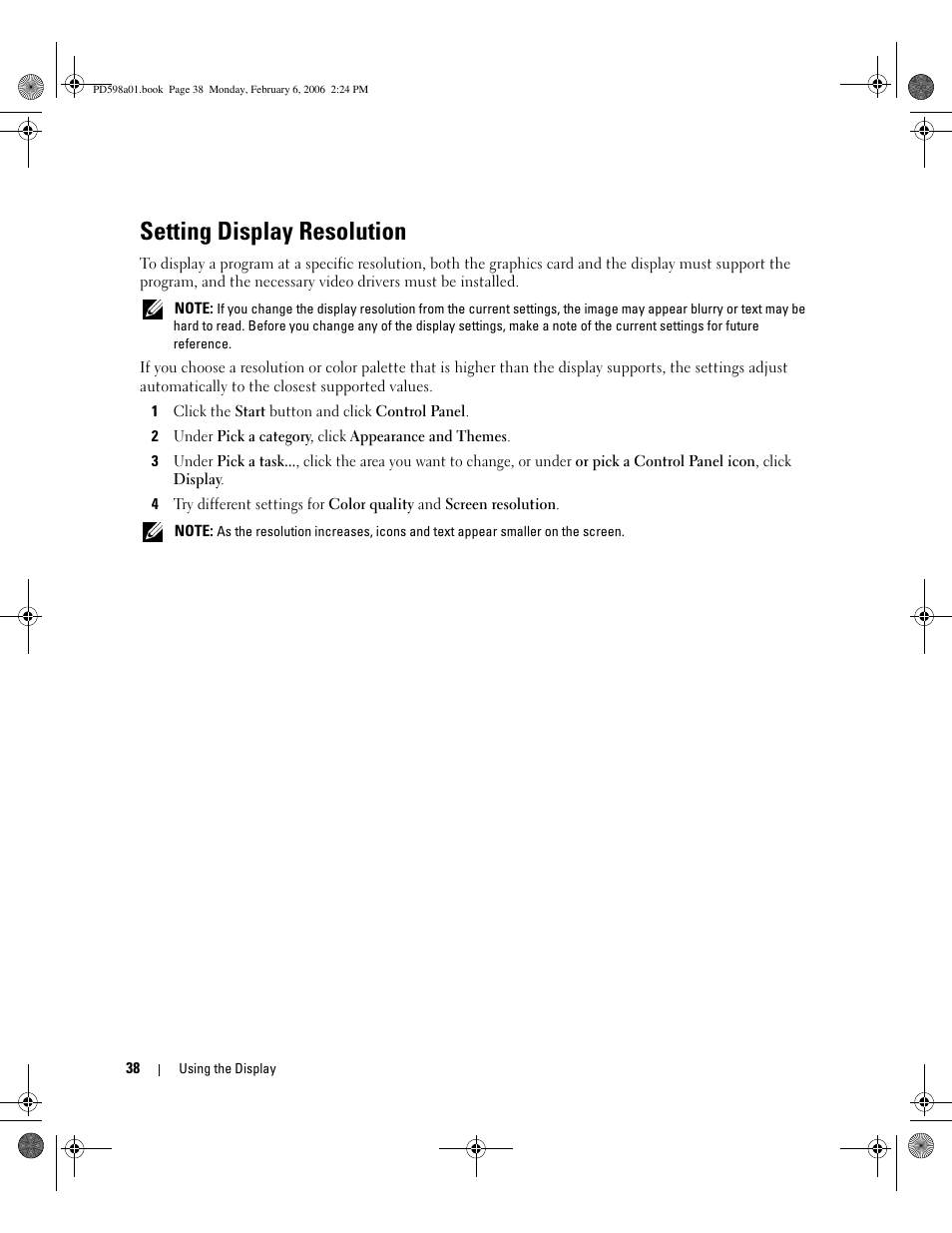 Setting display resolution | Dell Inspiron E1705 User Manual | Page 38 / 188