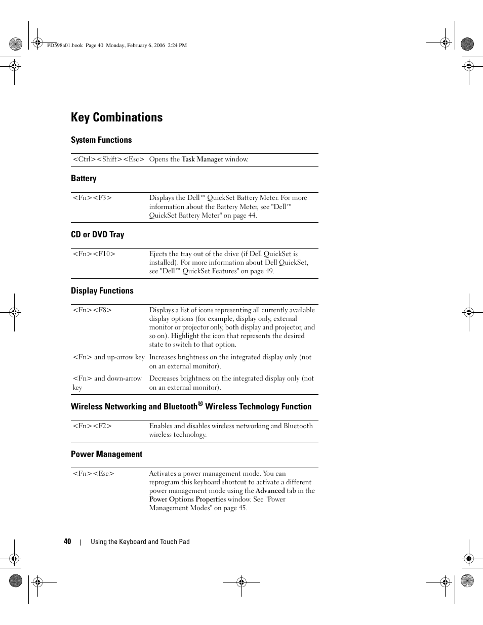 Key combinations, System functions, Battery | Cd or dvd tray, Display functions, Power management, Wireless networking and bluetooth | Dell Inspiron E1705 User Manual | Page 40 / 188