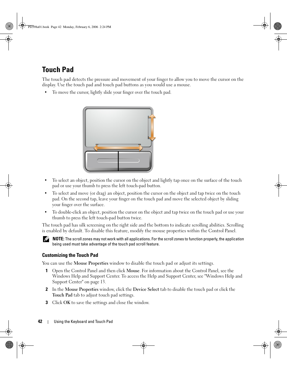 Touch pad, Customizing the touch pad | Dell Inspiron E1705 User Manual | Page 42 / 188