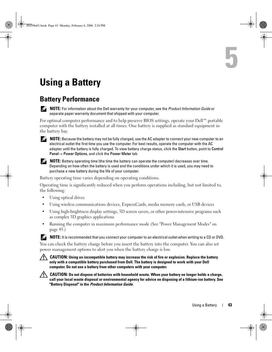 Using a battery, Battery performance | Dell Inspiron E1705 User Manual | Page 43 / 188