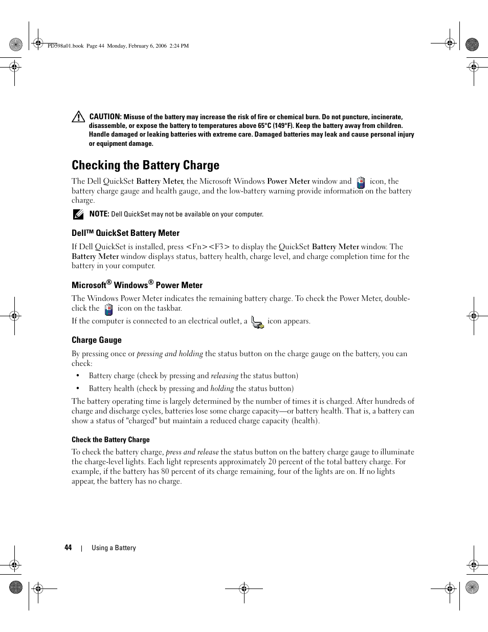 Checking the battery charge, Dell™ quickset battery meter, Microsoft® windows® power meter | Charge gauge, Microsoft | Dell Inspiron E1705 User Manual | Page 44 / 188