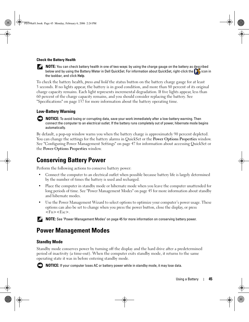Low-battery warning, Conserving battery power, Power management modes | Standby mode | Dell Inspiron E1705 User Manual | Page 45 / 188