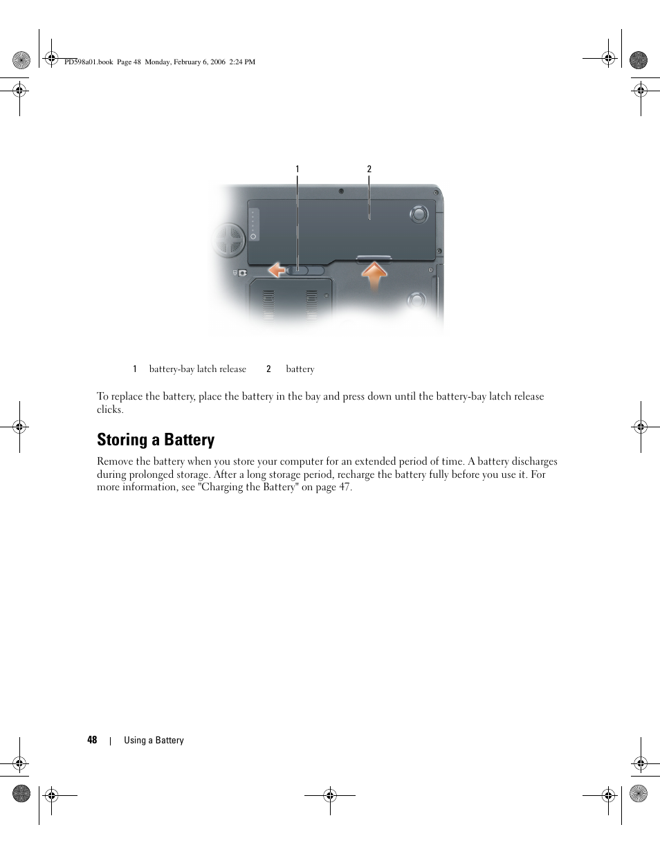 Storing a battery | Dell Inspiron E1705 User Manual | Page 48 / 188