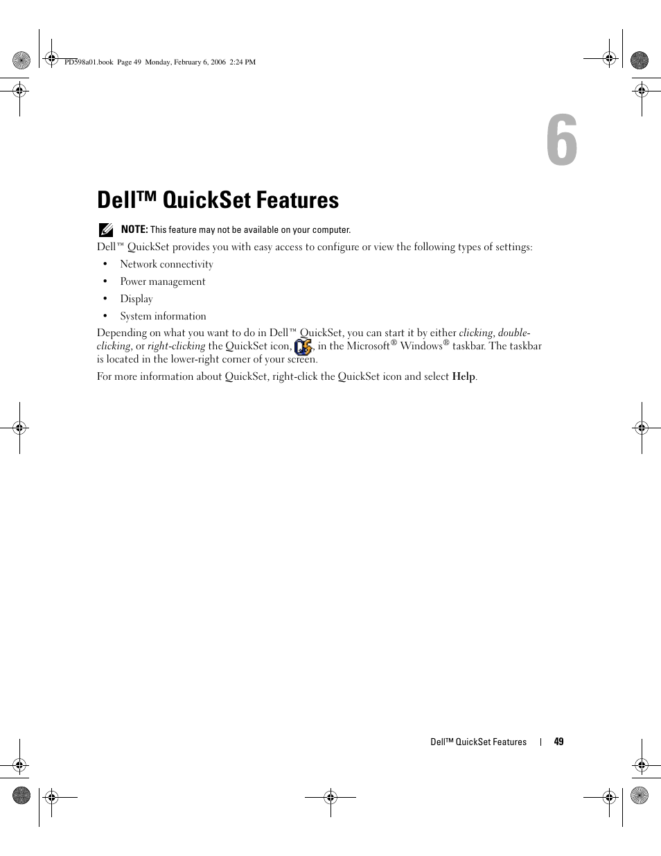 Dell™ quickset features | Dell Inspiron E1705 User Manual | Page 49 / 188