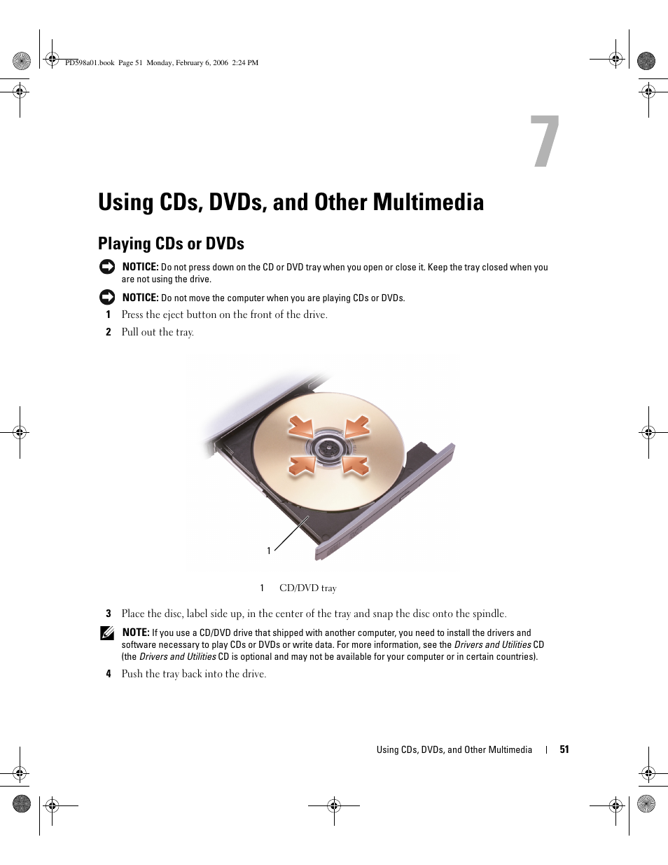 Using cds, dvds, and other multimedia, Playing cds or dvds | Dell Inspiron E1705 User Manual | Page 51 / 188