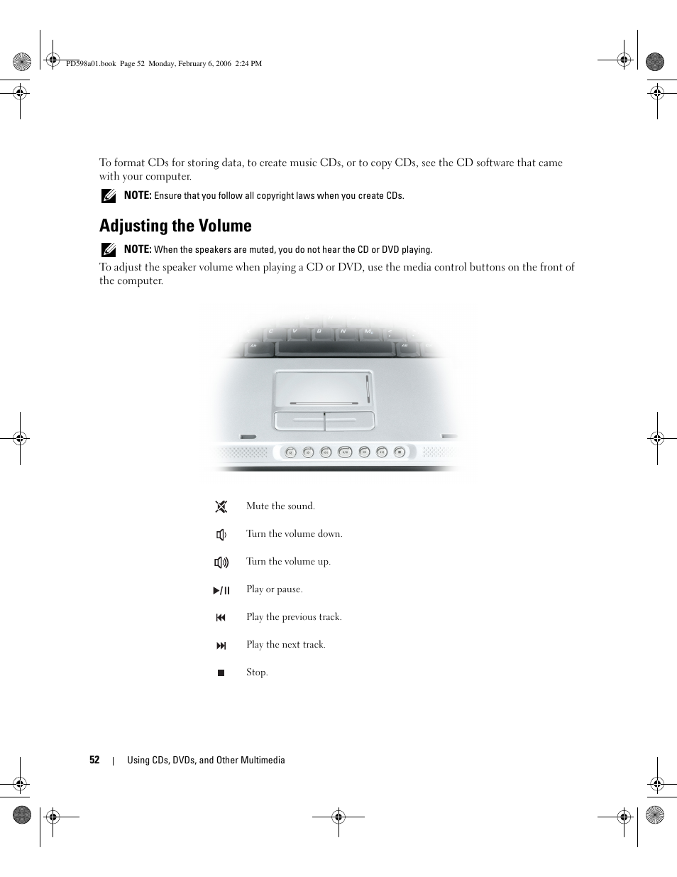Adjusting the volume | Dell Inspiron E1705 User Manual | Page 52 / 188