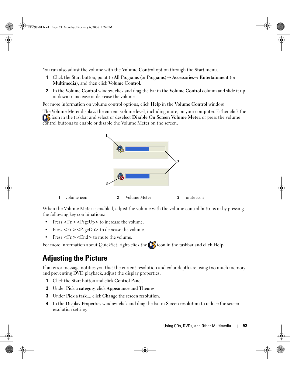 Adjusting the picture | Dell Inspiron E1705 User Manual | Page 53 / 188