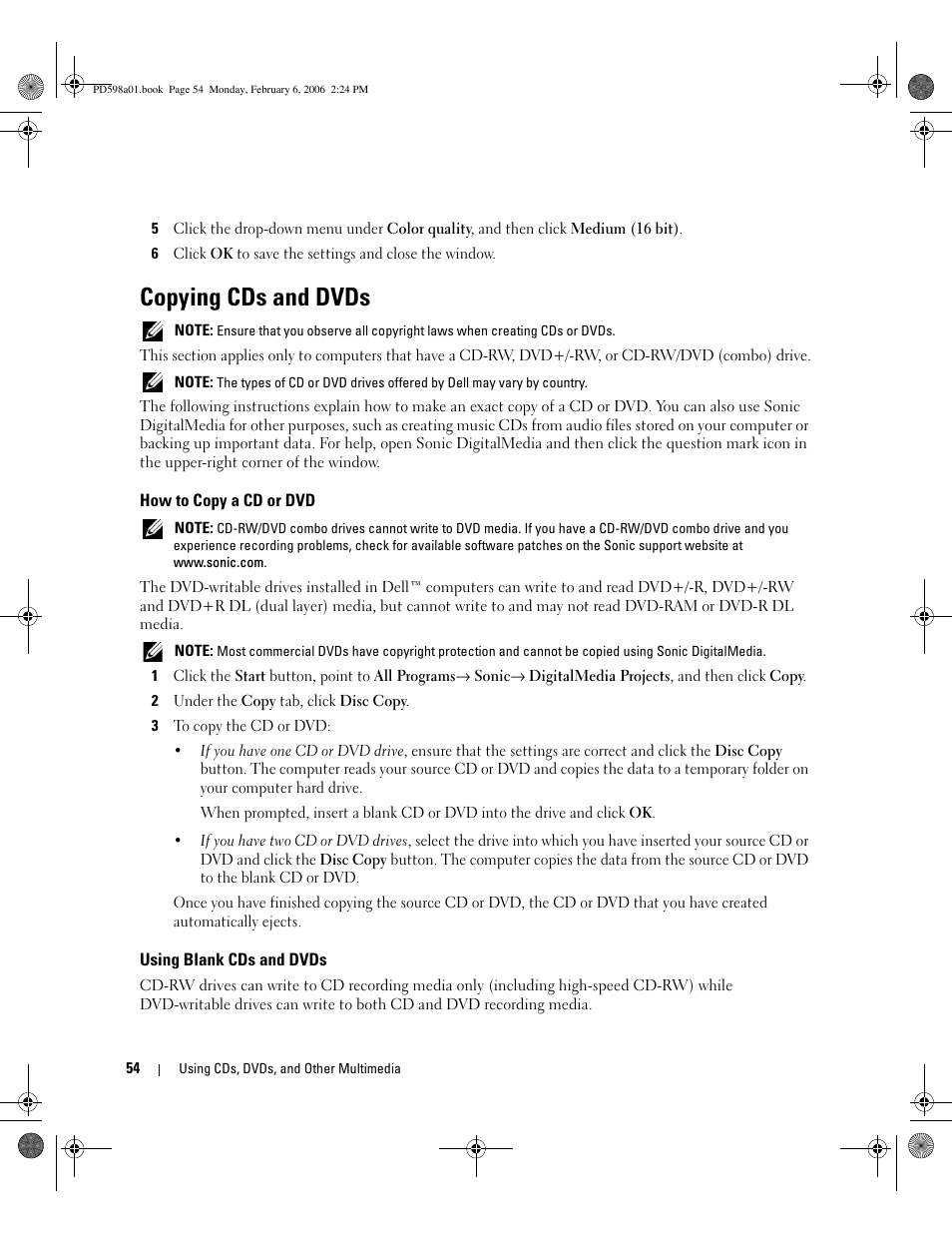 Copying cds and dvds, How to copy a cd or dvd, Using blank cds and dvds | Dell Inspiron E1705 User Manual | Page 54 / 188