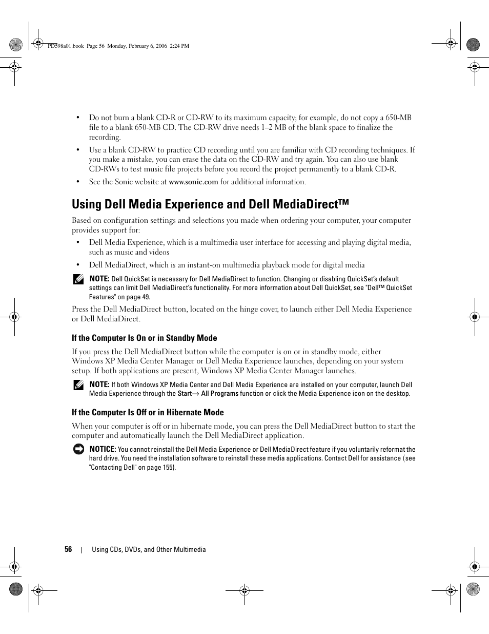 Using dell media experience and dell mediadirect, If the computer is on or in standby mode, If the computer is off or in hibernate mode | Dell Inspiron E1705 User Manual | Page 56 / 188