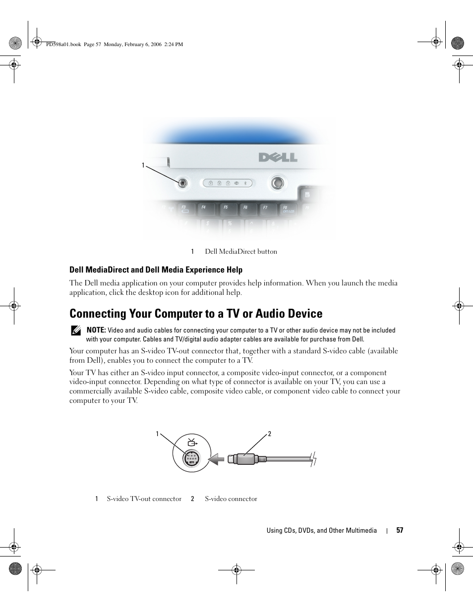 Dell mediadirect and dell media experience help, Connecting your computer to a tv or audio device | Dell Inspiron E1705 User Manual | Page 57 / 188