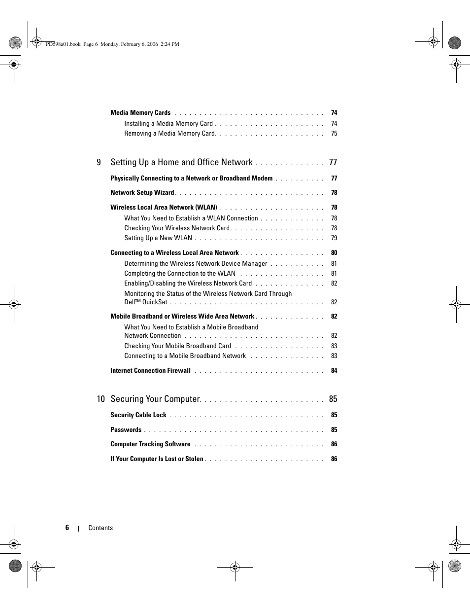 9setting up a home and office network, 10 securing your computer | Dell Inspiron E1705 User Manual | Page 6 / 188
