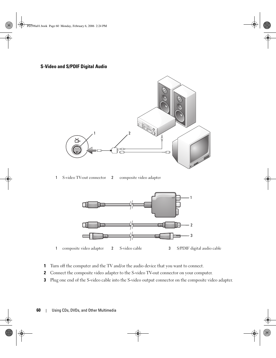 S-video and s/pdif digital audio | Dell Inspiron E1705 User Manual | Page 60 / 188