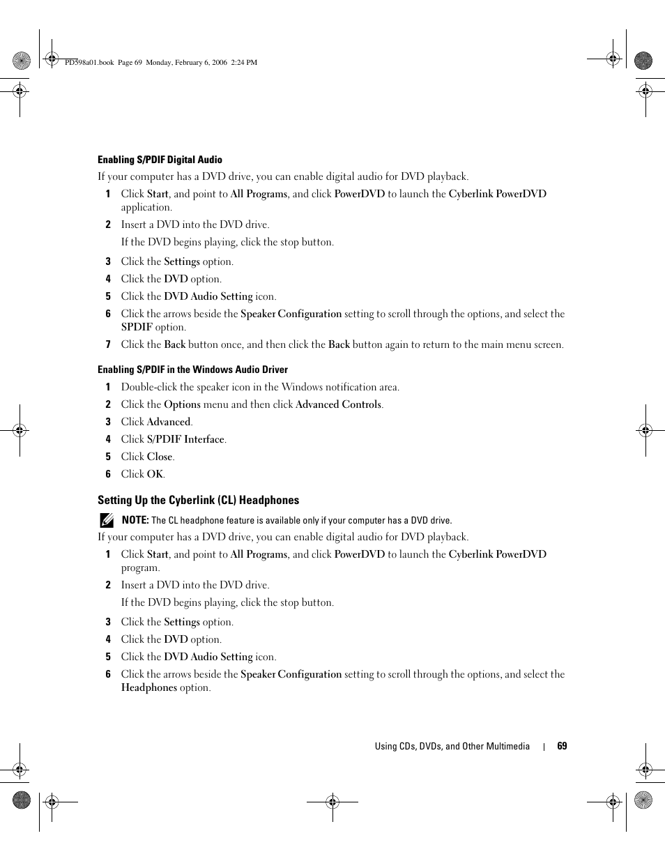 Setting up the cyberlink (cl) headphones | Dell Inspiron E1705 User Manual | Page 69 / 188