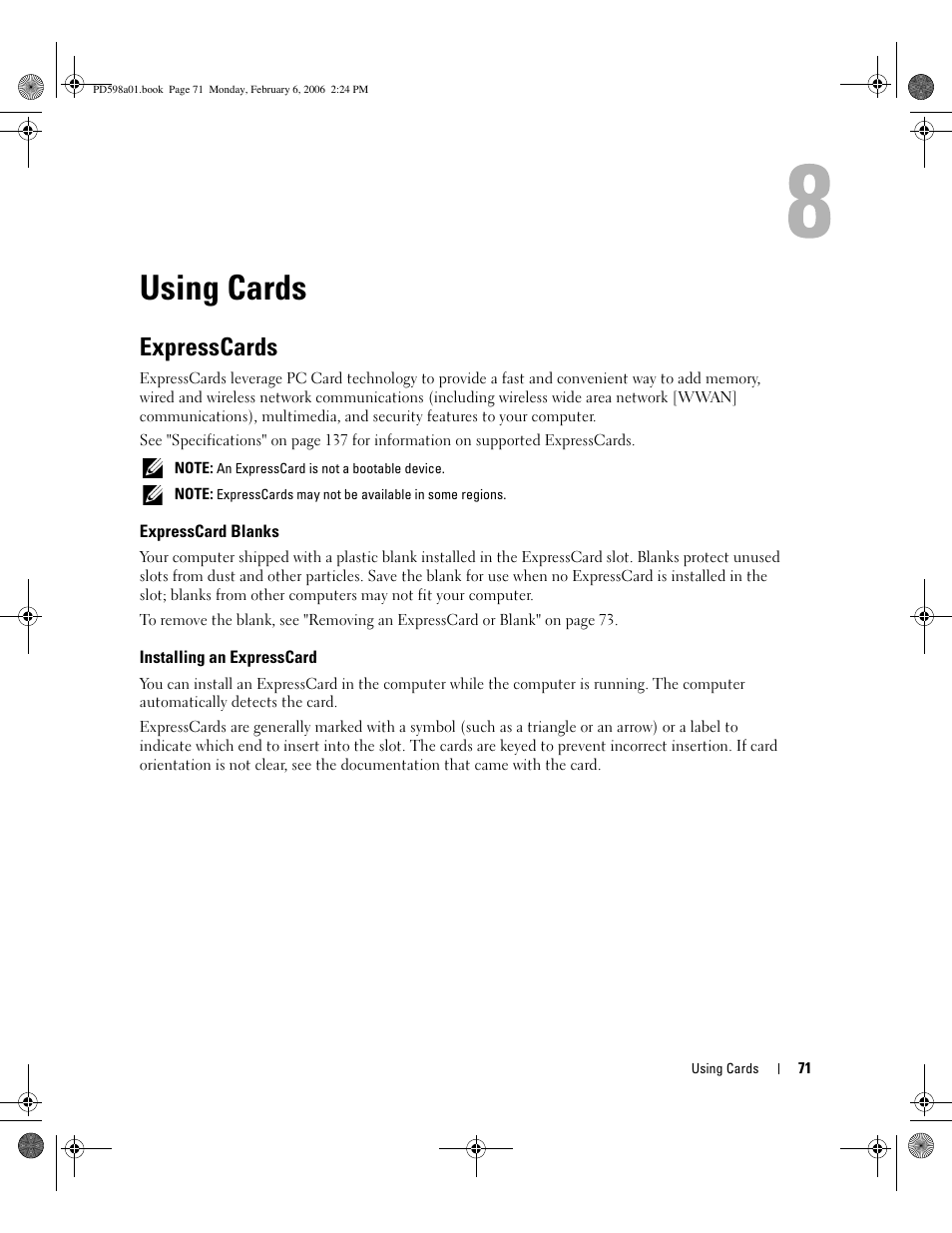 Using cards, Expresscards, Expresscard blanks | Installing an expresscard | Dell Inspiron E1705 User Manual | Page 71 / 188