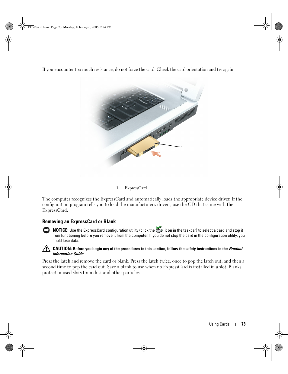 Removing an expresscard or blank | Dell Inspiron E1705 User Manual | Page 73 / 188