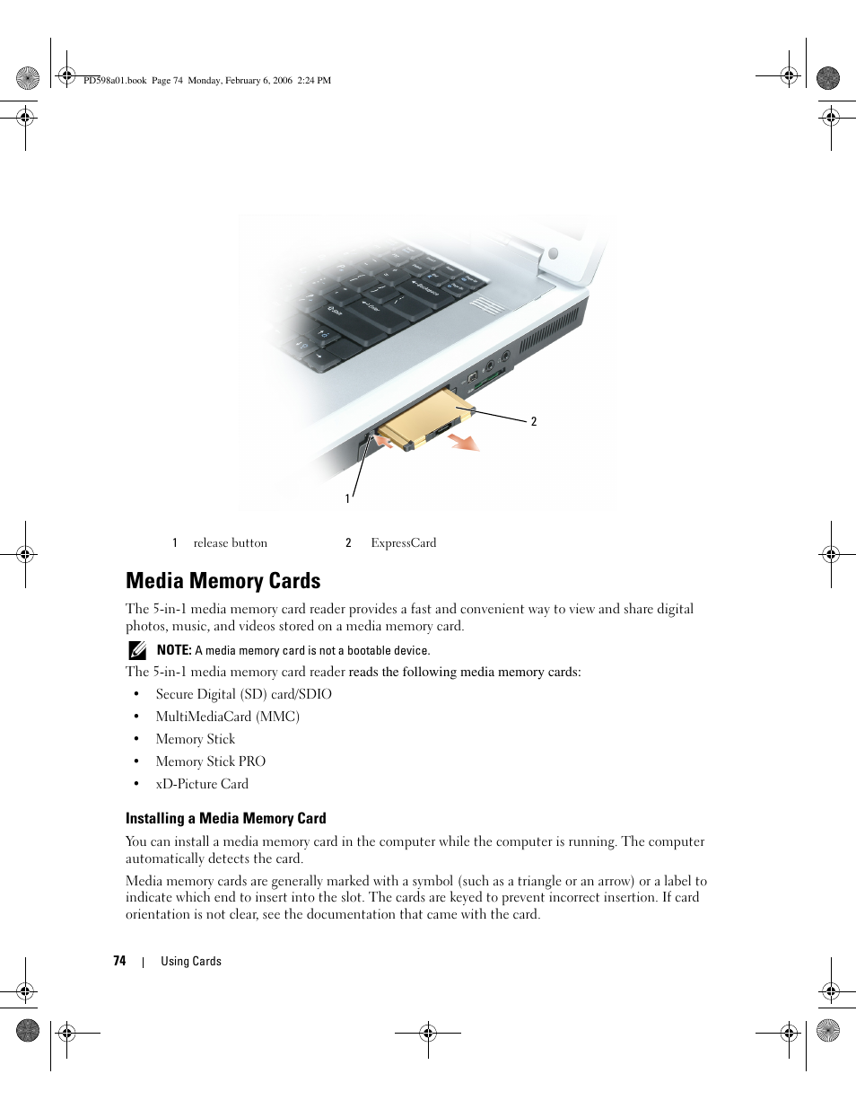 Media memory cards, Installing a media memory card | Dell Inspiron E1705 User Manual | Page 74 / 188