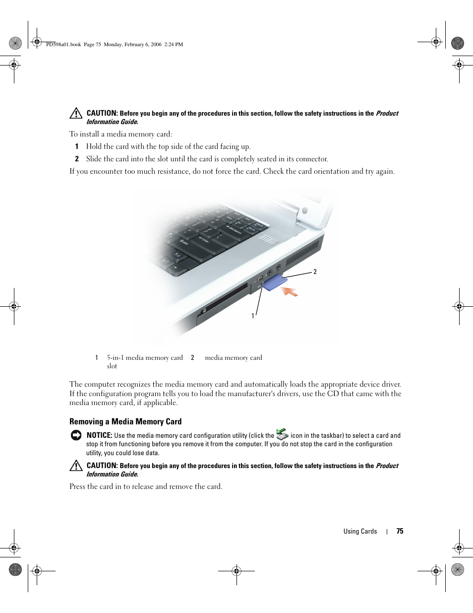 Removing a media memory card | Dell Inspiron E1705 User Manual | Page 75 / 188