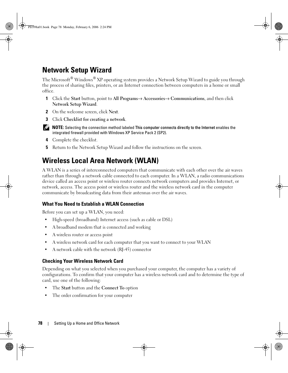 Network setup wizard, Wireless local area network (wlan), What you need to establish a wlan connection | Checking your wireless network card | Dell Inspiron E1705 User Manual | Page 78 / 188