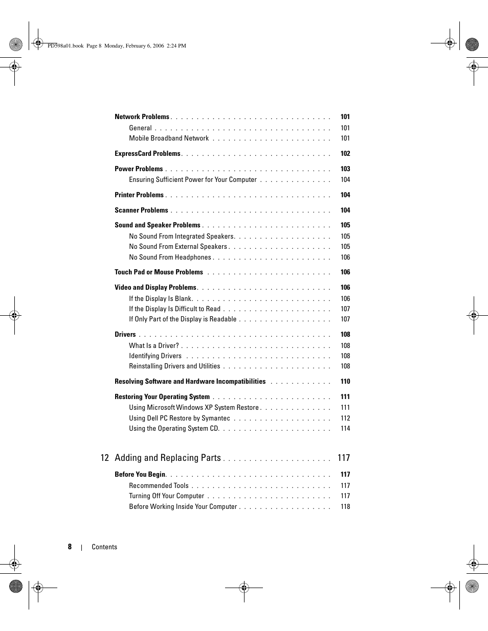12 adding and replacing parts | Dell Inspiron E1705 User Manual | Page 8 / 188